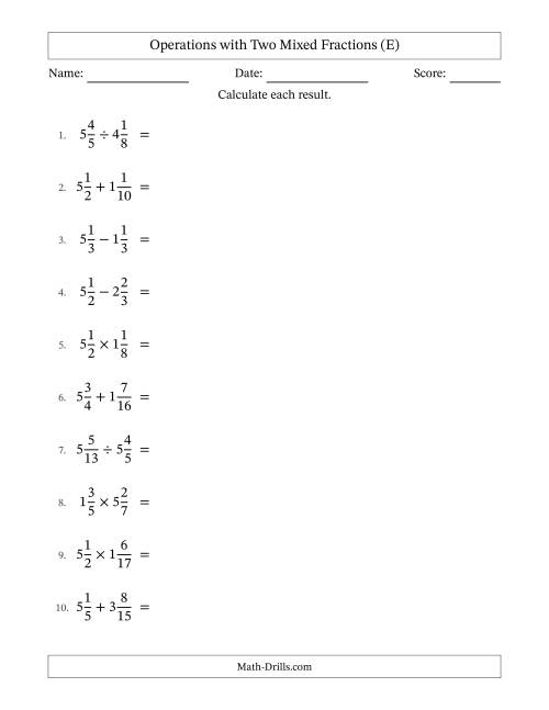 The Operations with Two Mixed Fractions with Similar Denominators, Mixed Fractions Results and Some Simplifying (E) Math Worksheet