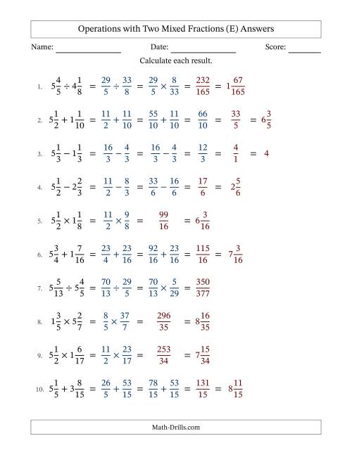 The Operations with Two Mixed Fractions with Similar Denominators, Mixed Fractions Results and Some Simplifying (E) Math Worksheet Page 2