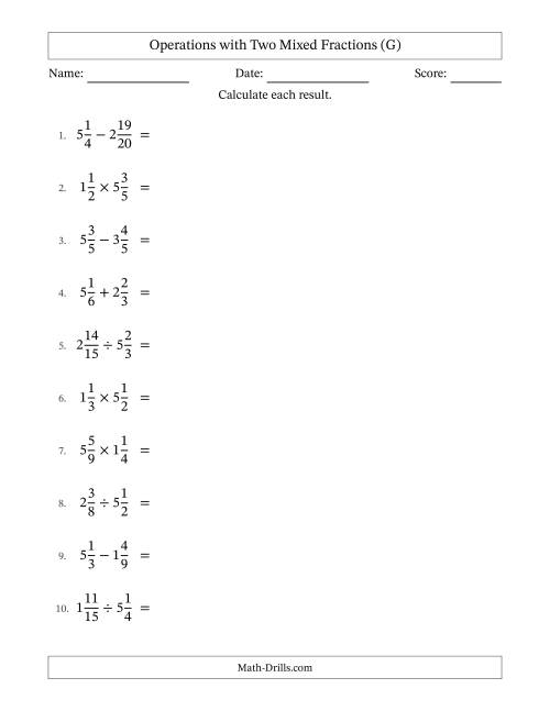 The Operations with Two Mixed Fractions with Similar Denominators, Mixed Fractions Results and Some Simplifying (G) Math Worksheet