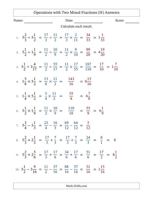 The Operations with Two Mixed Fractions with Similar Denominators, Mixed Fractions Results and Some Simplifying (H) Math Worksheet Page 2