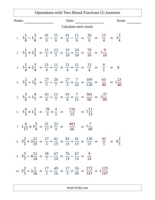 The Operations with Two Mixed Fractions with Similar Denominators, Mixed Fractions Results and Some Simplifying (I) Math Worksheet Page 2
