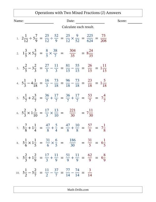 The Operations with Two Mixed Fractions with Similar Denominators, Mixed Fractions Results and Some Simplifying (J) Math Worksheet Page 2