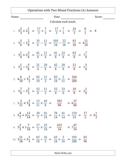 The Operations with Two Mixed Fractions with Similar Denominators, Mixed Fractions Results and Some Simplifying (All) Math Worksheet Page 2