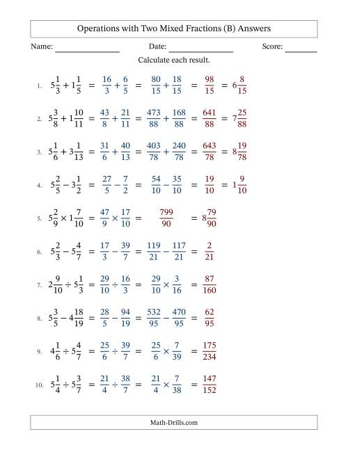 The Operations with Two Mixed Fractions with Unlike Denominators, Mixed Fractions Results and No Simplifying (B) Math Worksheet Page 2