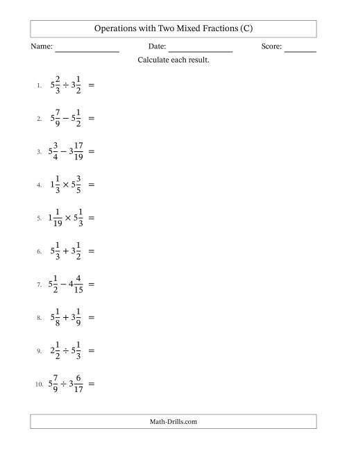 The Operations with Two Mixed Fractions with Unlike Denominators, Mixed Fractions Results and No Simplifying (C) Math Worksheet