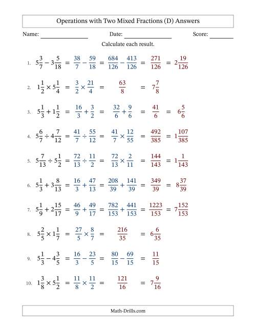 The Operations with Two Mixed Fractions with Unlike Denominators, Mixed Fractions Results and No Simplifying (D) Math Worksheet Page 2