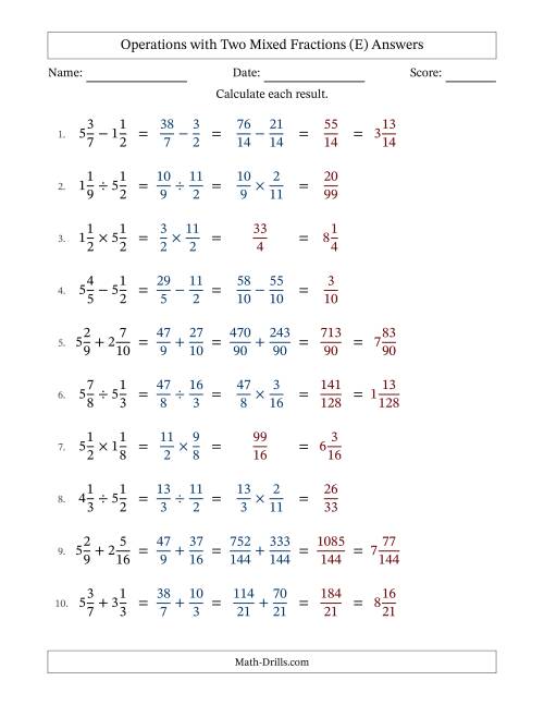 The Operations with Two Mixed Fractions with Unlike Denominators, Mixed Fractions Results and No Simplifying (E) Math Worksheet Page 2