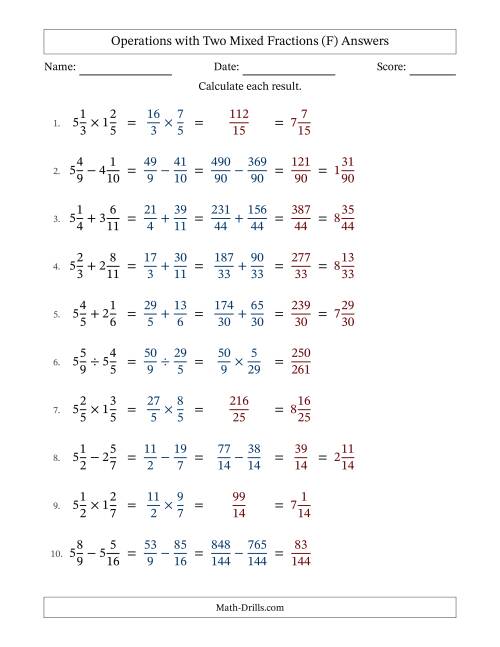 The Operations with Two Mixed Fractions with Unlike Denominators, Mixed Fractions Results and No Simplifying (F) Math Worksheet Page 2