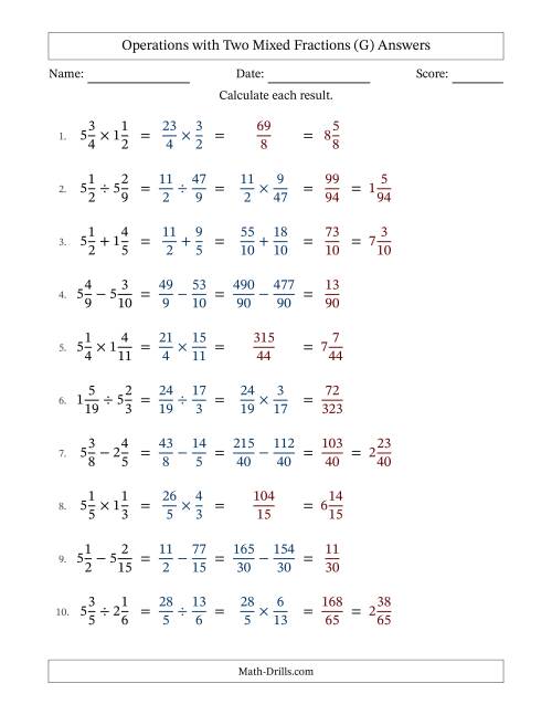 The Operations with Two Mixed Fractions with Unlike Denominators, Mixed Fractions Results and No Simplifying (G) Math Worksheet Page 2