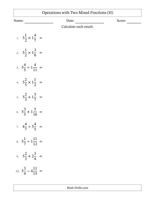 The Operations with Two Mixed Fractions with Unlike Denominators, Mixed Fractions Results and No Simplifying (H) Math Worksheet