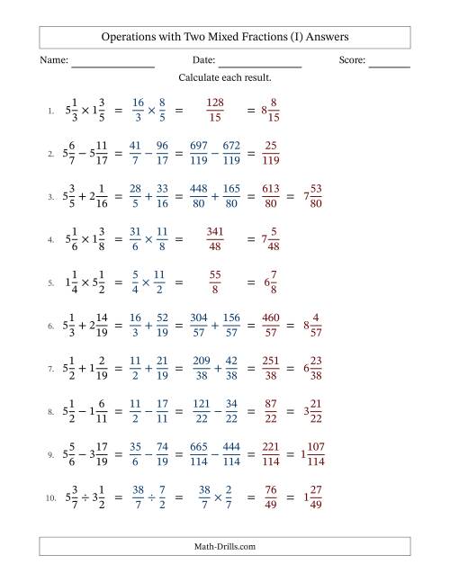 The Operations with Two Mixed Fractions with Unlike Denominators, Mixed Fractions Results and No Simplifying (I) Math Worksheet Page 2