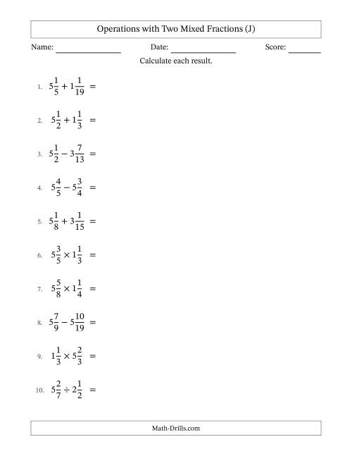 The Operations with Two Mixed Fractions with Unlike Denominators, Mixed Fractions Results and No Simplifying (J) Math Worksheet