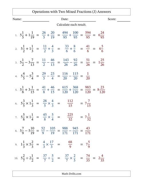 The Operations with Two Mixed Fractions with Unlike Denominators, Mixed Fractions Results and No Simplifying (J) Math Worksheet Page 2