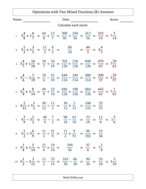 The Operations with Two Mixed Fractions with Unlike Denominators, Mixed Fractions Results and All Simplifying (B) Math Worksheet Page 2