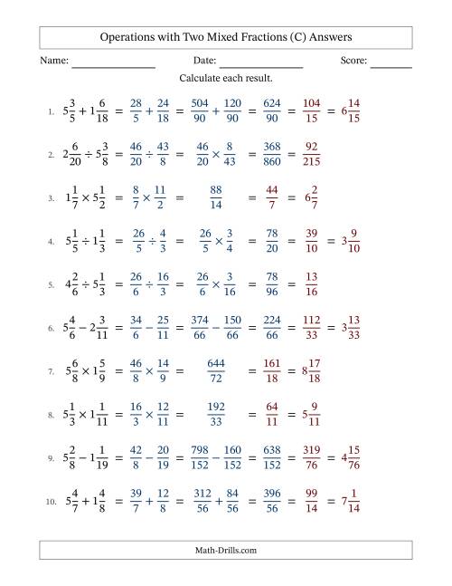 The Operations with Two Mixed Fractions with Unlike Denominators, Mixed Fractions Results and All Simplifying (C) Math Worksheet Page 2