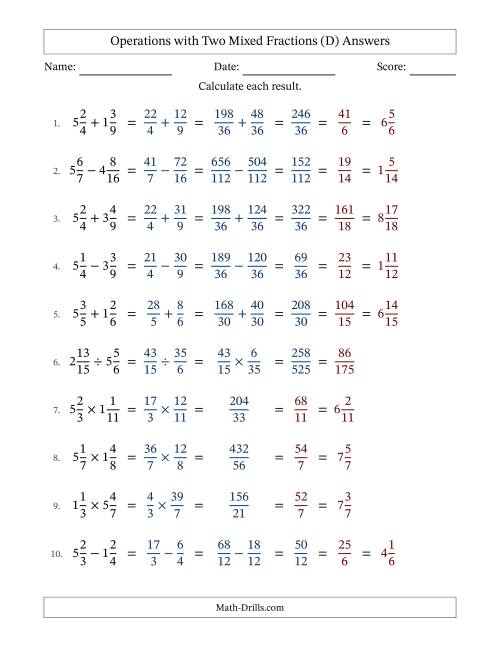 The Operations with Two Mixed Fractions with Unlike Denominators, Mixed Fractions Results and All Simplifying (D) Math Worksheet Page 2