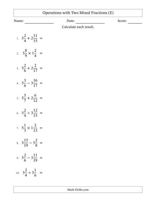 The Operations with Two Mixed Fractions with Unlike Denominators, Mixed Fractions Results and All Simplifying (E) Math Worksheet