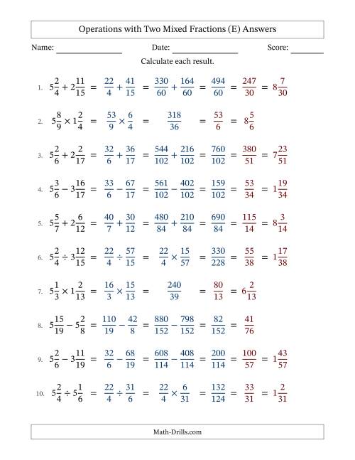 The Operations with Two Mixed Fractions with Unlike Denominators, Mixed Fractions Results and All Simplifying (E) Math Worksheet Page 2
