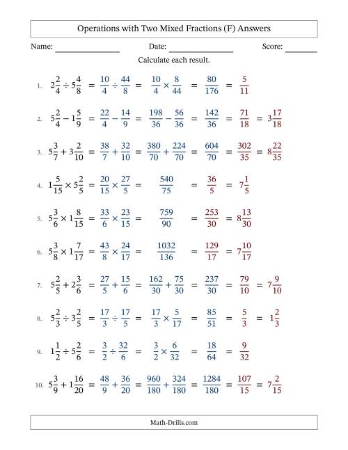 The Operations with Two Mixed Fractions with Unlike Denominators, Mixed Fractions Results and All Simplifying (F) Math Worksheet Page 2