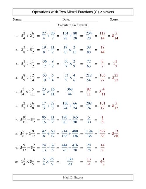 The Operations with Two Mixed Fractions with Unlike Denominators, Mixed Fractions Results and All Simplifying (G) Math Worksheet Page 2