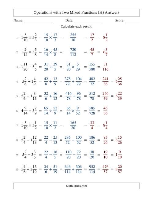 The Operations with Two Mixed Fractions with Unlike Denominators, Mixed Fractions Results and All Simplifying (H) Math Worksheet Page 2
