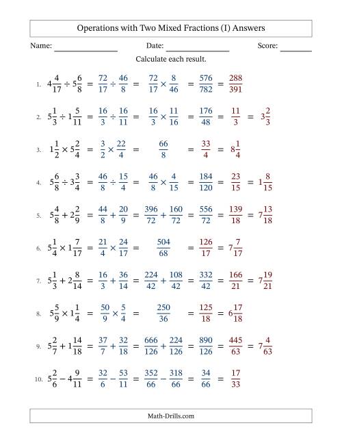The Operations with Two Mixed Fractions with Unlike Denominators, Mixed Fractions Results and All Simplifying (I) Math Worksheet Page 2