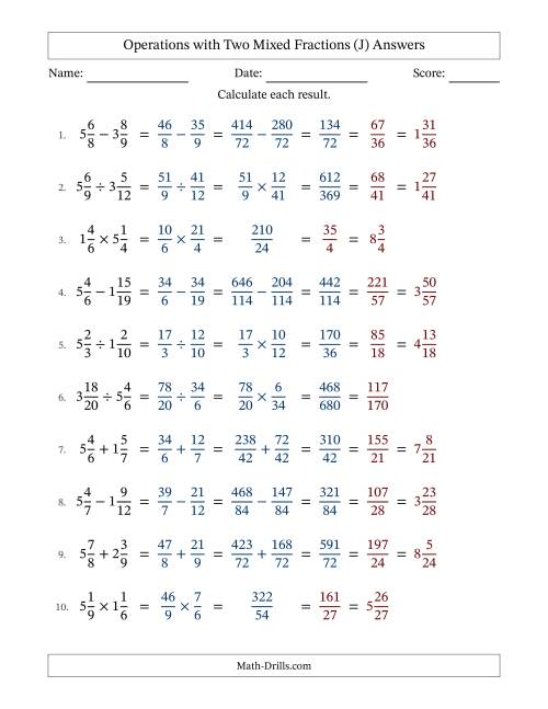 The Operations with Two Mixed Fractions with Unlike Denominators, Mixed Fractions Results and All Simplifying (J) Math Worksheet Page 2