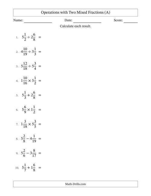 The Operations with Two Mixed Fractions with Unlike Denominators, Mixed Fractions Results and All Simplifying (All) Math Worksheet