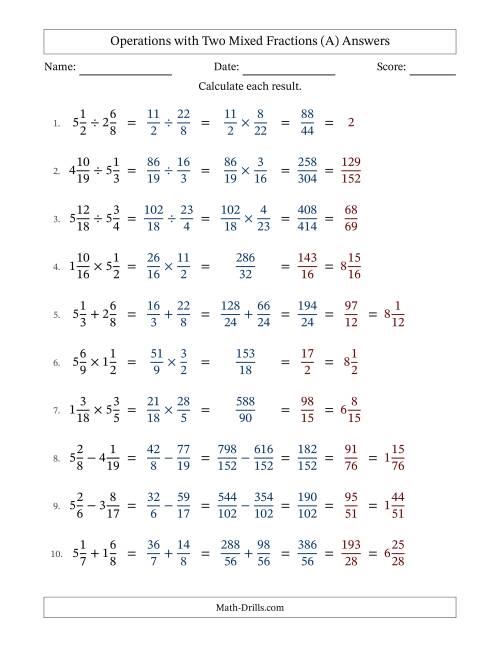 The Operations with Two Mixed Fractions with Unlike Denominators, Mixed Fractions Results and All Simplifying (All) Math Worksheet Page 2