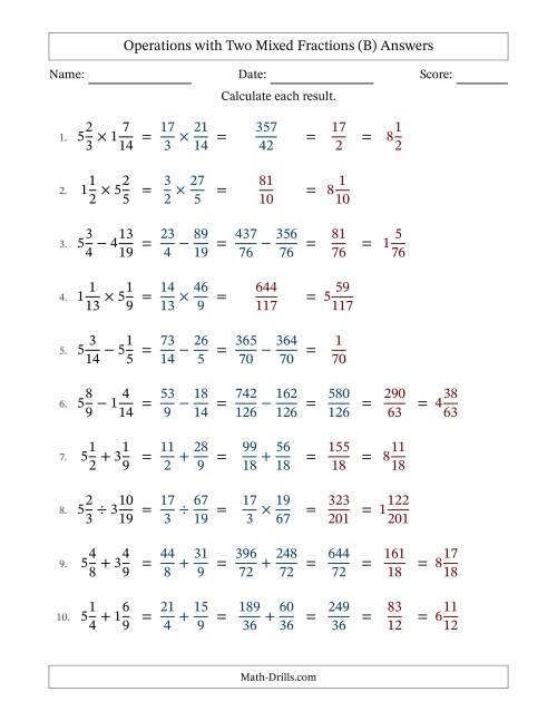 The Operations with Two Mixed Fractions with Unlike Denominators, Mixed Fractions Results and Some Simplifying (B) Math Worksheet Page 2