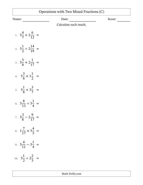The Operations with Two Mixed Fractions with Unlike Denominators, Mixed Fractions Results and Some Simplifying (C) Math Worksheet