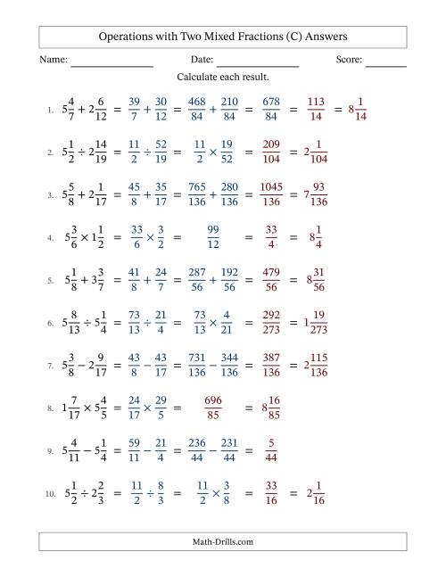 The Operations with Two Mixed Fractions with Unlike Denominators, Mixed Fractions Results and Some Simplifying (C) Math Worksheet Page 2