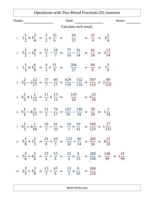 The Operations with Two Mixed Fractions with Unlike Denominators, Mixed Fractions Results and Some Simplifying (D) Math Worksheet Page 2