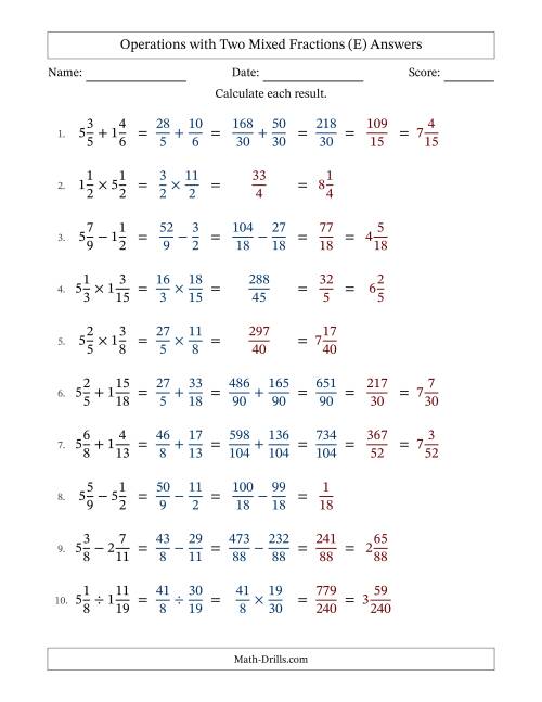 The Operations with Two Mixed Fractions with Unlike Denominators, Mixed Fractions Results and Some Simplifying (E) Math Worksheet Page 2