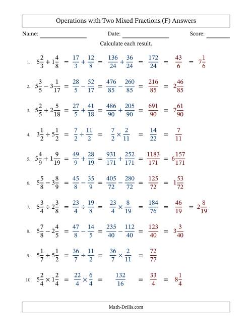 The Operations with Two Mixed Fractions with Unlike Denominators, Mixed Fractions Results and Some Simplifying (F) Math Worksheet Page 2