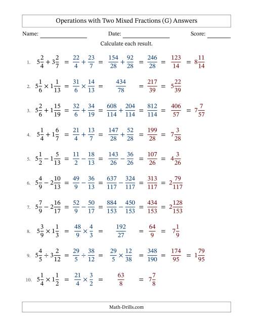 The Operations with Two Mixed Fractions with Unlike Denominators, Mixed Fractions Results and Some Simplifying (G) Math Worksheet Page 2