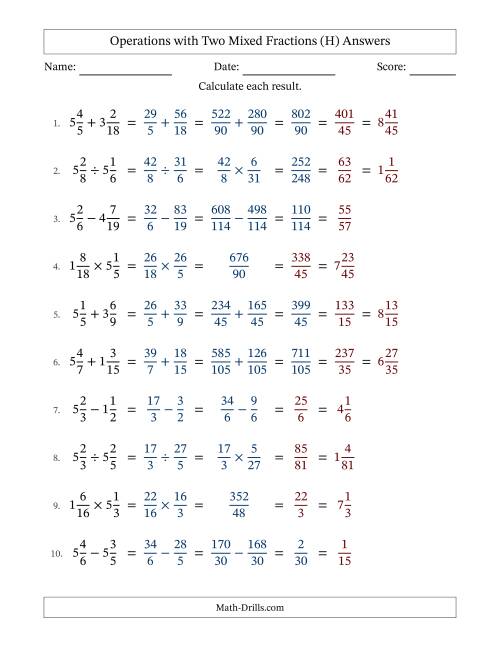 The Operations with Two Mixed Fractions with Unlike Denominators, Mixed Fractions Results and Some Simplifying (H) Math Worksheet Page 2