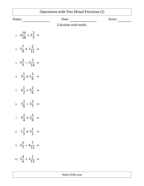 The Operations with Two Mixed Fractions with Unlike Denominators, Mixed Fractions Results and Some Simplifying (I) Math Worksheet