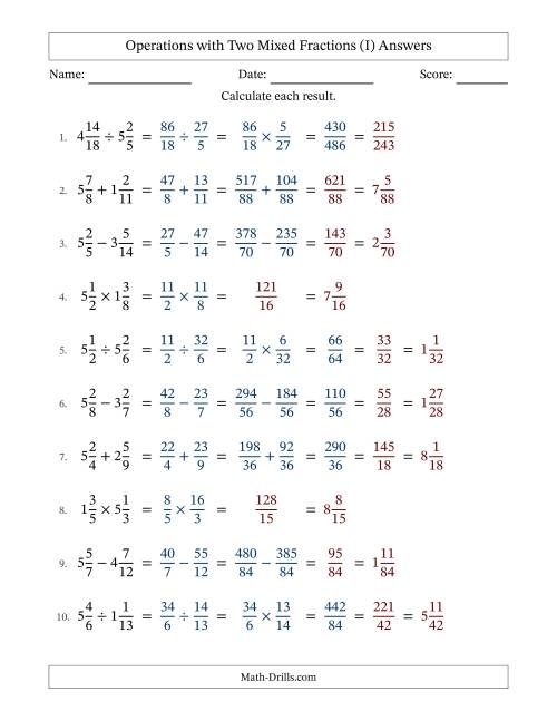 The Operations with Two Mixed Fractions with Unlike Denominators, Mixed Fractions Results and Some Simplifying (I) Math Worksheet Page 2