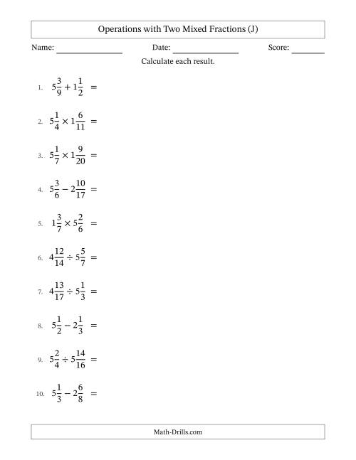 The Operations with Two Mixed Fractions with Unlike Denominators, Mixed Fractions Results and Some Simplifying (J) Math Worksheet