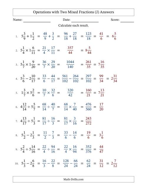 The Operations with Two Mixed Fractions with Unlike Denominators, Mixed Fractions Results and Some Simplifying (J) Math Worksheet Page 2