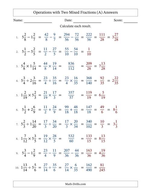 The Operations with Two Mixed Fractions with Unlike Denominators, Mixed Fractions Results and Some Simplifying (All) Math Worksheet Page 2
