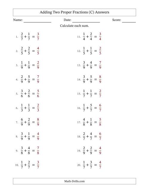 The Adding Two Proper Fractions with Equal Denominators, Proper Fractions Results and No Simplifying (Fillable) (C) Math Worksheet Page 2