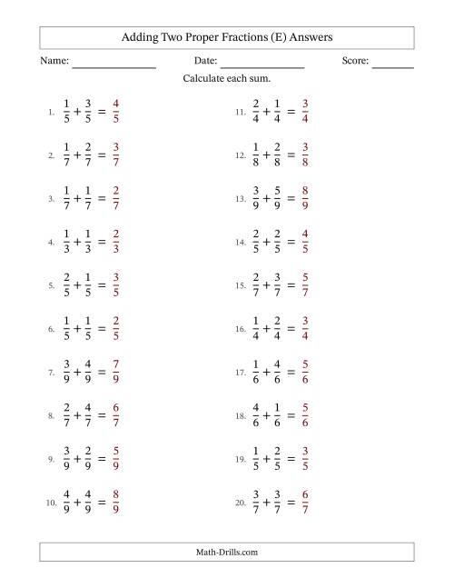 The Adding Two Proper Fractions with Equal Denominators, Proper Fractions Results and No Simplifying (Fillable) (E) Math Worksheet Page 2