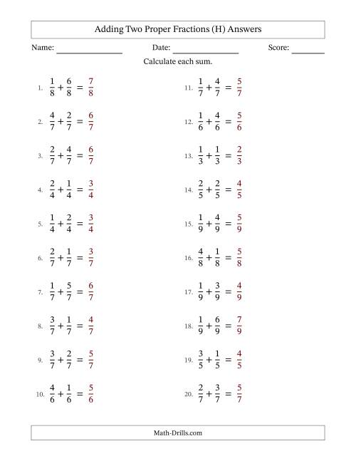 The Adding Two Proper Fractions with Equal Denominators, Proper Fractions Results and No Simplifying (Fillable) (H) Math Worksheet Page 2