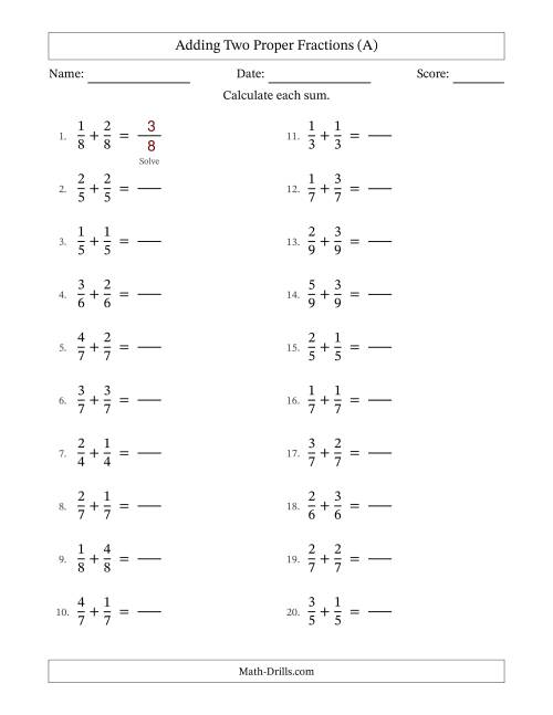 The Adding Two Proper Fractions with Equal Denominators, Proper Fractions Results and No Simplifying (Fillable) (All) Math Worksheet