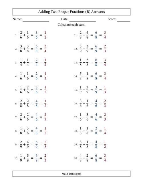 The Adding Two Proper Fractions with Equal Denominators, Proper Fractions Results and All Simplifying (Fillable) (B) Math Worksheet Page 2