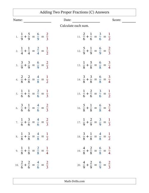 The Adding Two Proper Fractions with Equal Denominators, Proper Fractions Results and All Simplifying (Fillable) (C) Math Worksheet Page 2