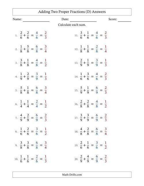 The Adding Two Proper Fractions with Equal Denominators, Proper Fractions Results and All Simplifying (Fillable) (D) Math Worksheet Page 2