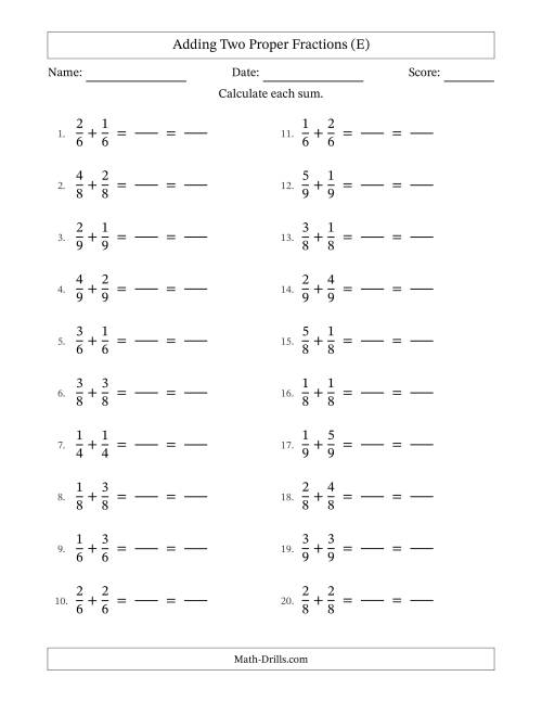 The Adding Two Proper Fractions with Equal Denominators, Proper Fractions Results and All Simplifying (Fillable) (E) Math Worksheet